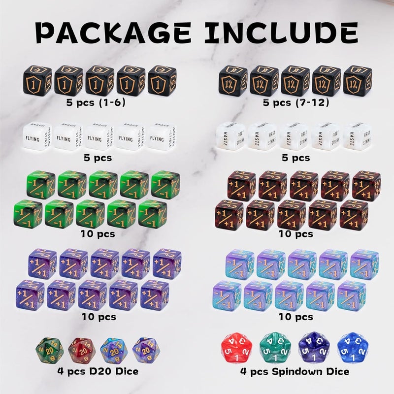 Tinzum 68 Pieces MTG Dice Counters Set, Plus 1 Life Counter Ability Keyword Shield Token with Spindown Dice & D20 for MTG, Magic Cards Gaming Accessories - Image 2